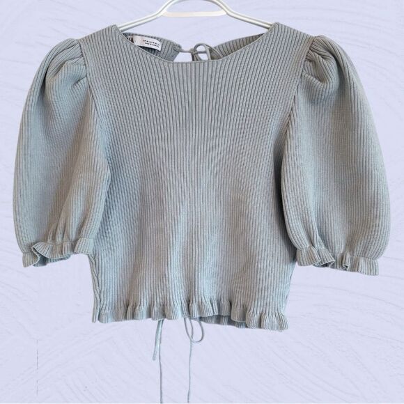 Zara baby blue cropped ribbed knit puff sleeve open back top - Picture 5 of 11